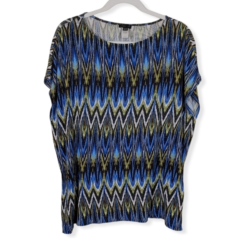 J. Jill Wherever Collection Blue Zig Zag Dolman Short Sleeve Sweater Size M/L
